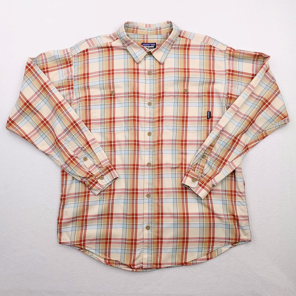 Patagonia Shirt‎ Mens Large Tan Red Pima Cotton Button Up Long Sleeve Outdoor